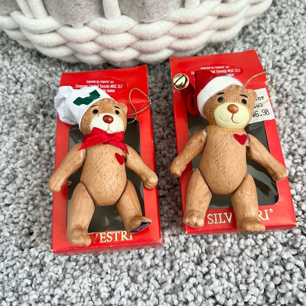 Pair of Vintage Silvestri Porcelain Teddy Bear Christmas Tree Ornaments NOS